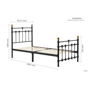 Black metal bed frame with dimensions on a white background