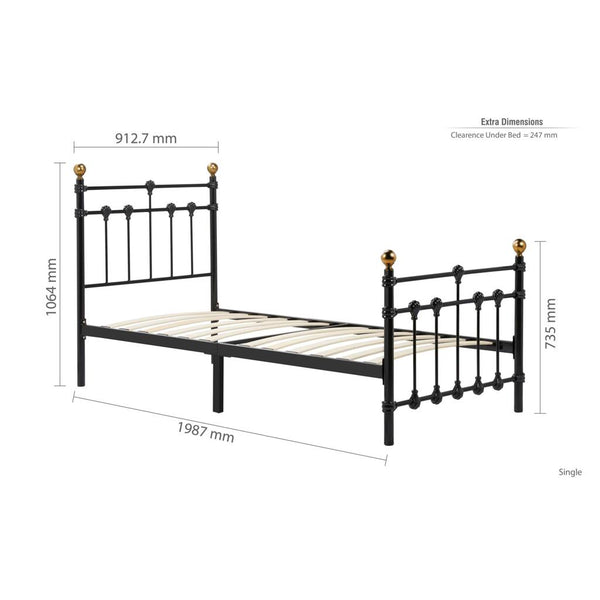 Black metal bed frame with dimensions on a white background