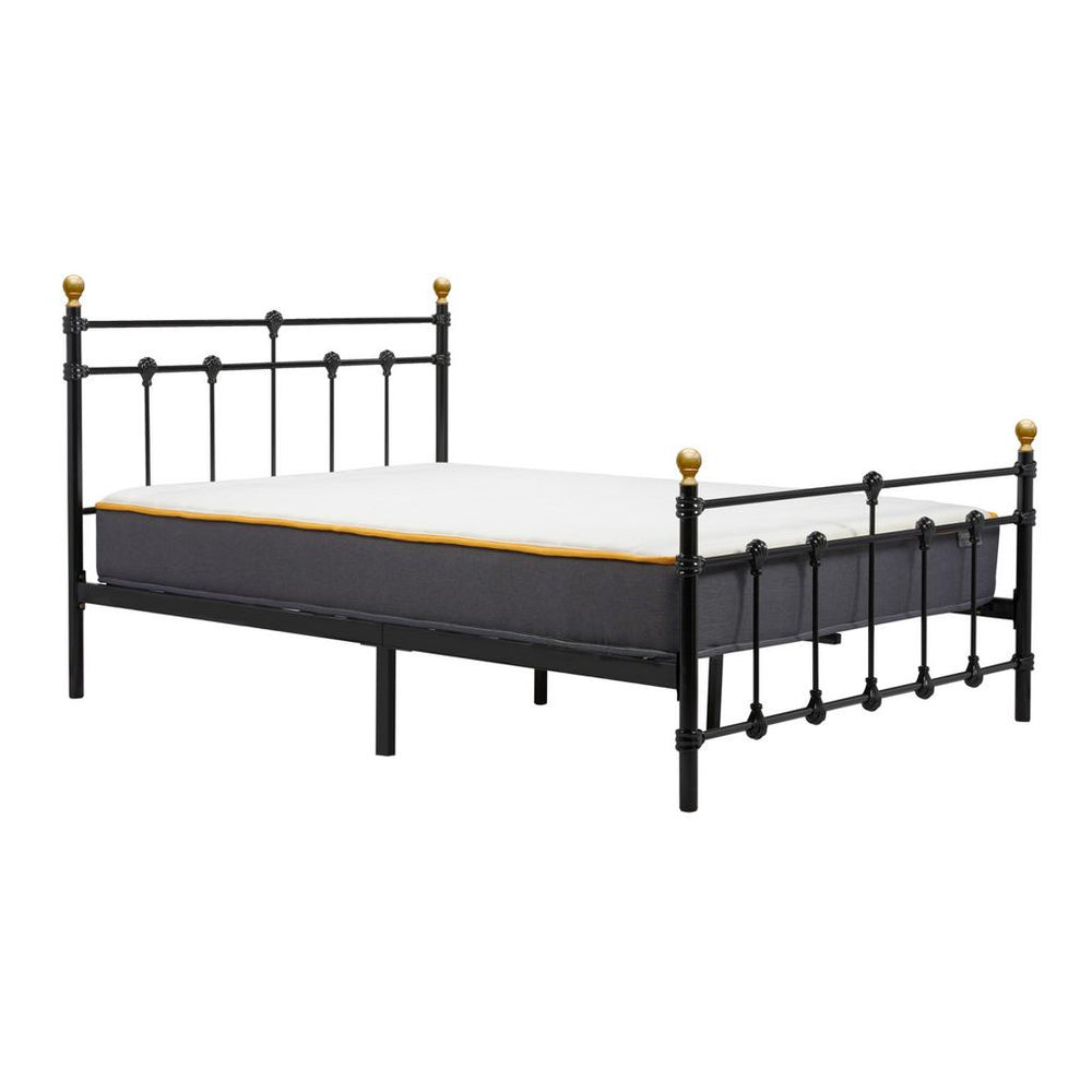 Black metal bed frame with white mattress on a white background
