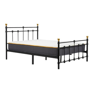 Black metal bed frame with white mattress on a white background