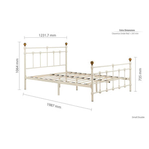 Dimensions of a small double bed on a white background
