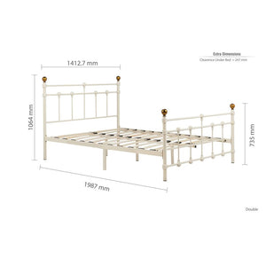 Dimensions of a metal bed frame on a white background