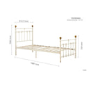 Dimensions of a single bed frame with gold accents on a white background