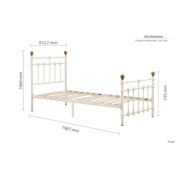 Dimensions of a single bed frame with gold accents on a white background