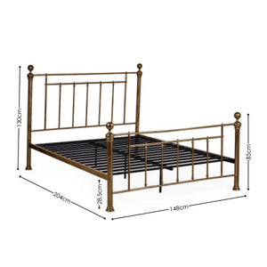 Bronze metal bed frame with dimensions on a white background