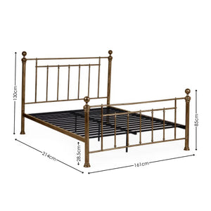 Bronze metal bed frame with dimensions on a white background