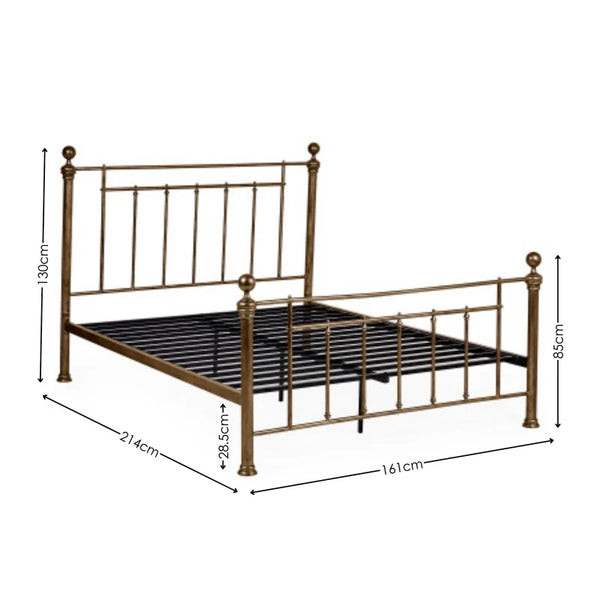 Bronze metal bed frame with dimensions on a white background