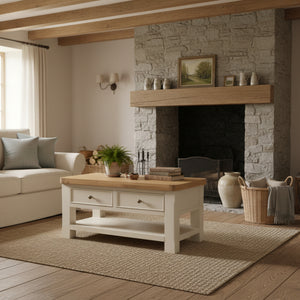 Living room with stone fireplace, wooden coffee table, and beige sofa.