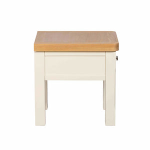 Small wooden table with a light wood top and white base on a white background
