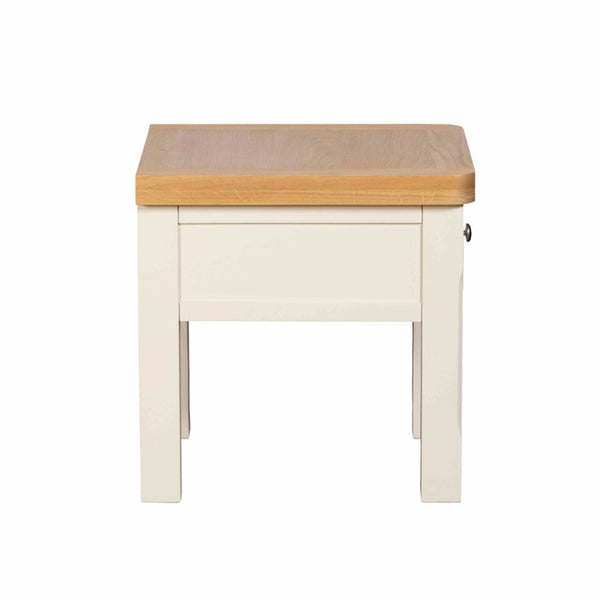 Small wooden table with a light wood top and white base on a white background