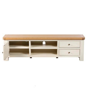 Wooden TV stand with a light finish on a white background