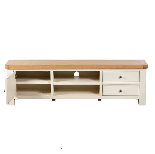 Wooden TV stand with a light finish on a white background