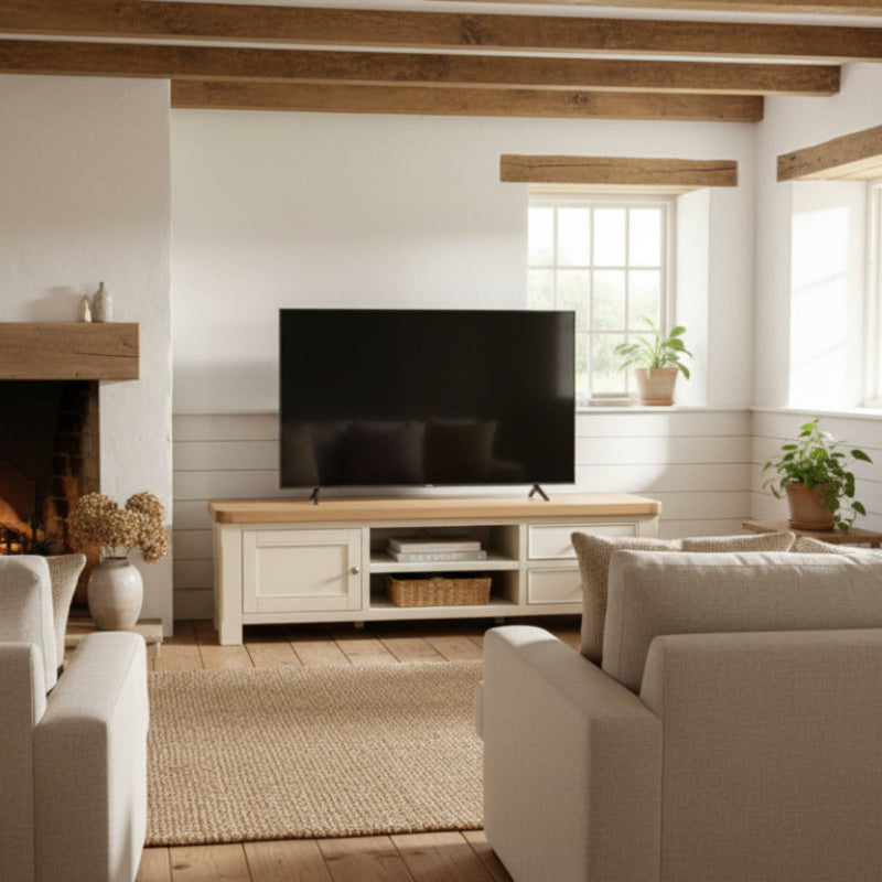 Wooden TV stand with a light finish on a white background