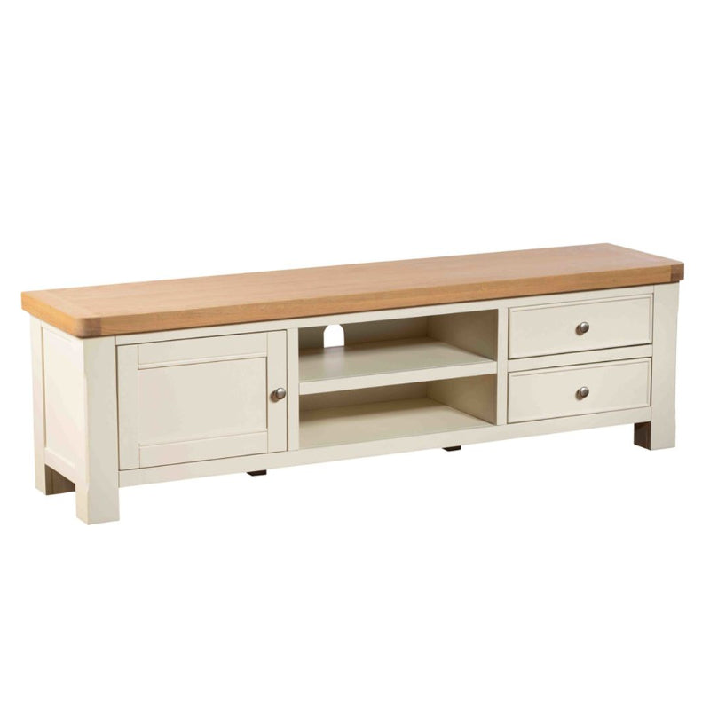 Wooden TV stand with a light finish on a white background