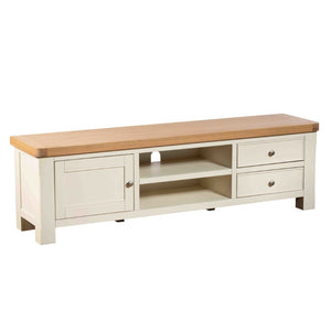 Wooden TV stand with a light finish on a white background