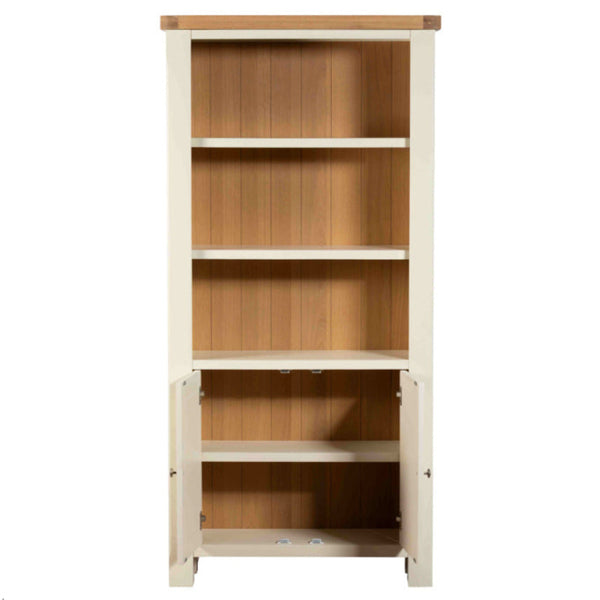 Wooden bookshelf with a white base on a white background