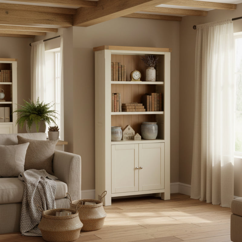 Wooden bookshelf with white base and natural wood top on a white background