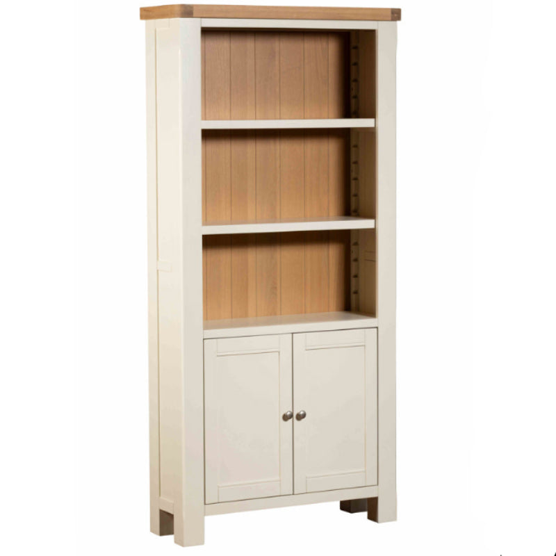 Wooden bookshelf with white base and natural wood top on a white background