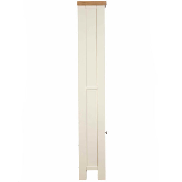 White wooden bookcase with a natural wood top on a white background