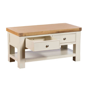 Wooden coffee table with a white base on a white background