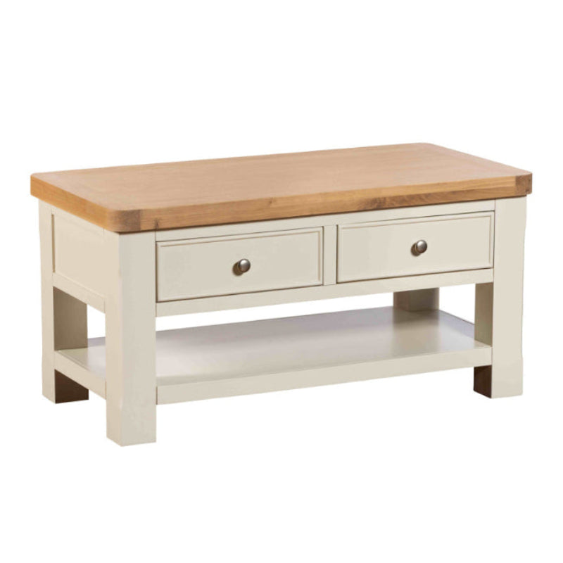 Wooden coffee table with a light finish and a wooden top on a white background