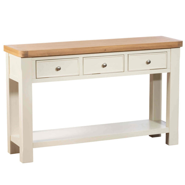 Wooden console table with three drawers on a white background