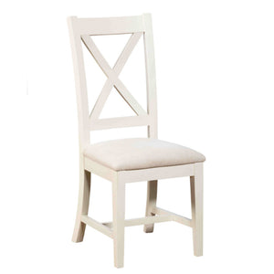 White wooden chair with a cushioned seat on a white background