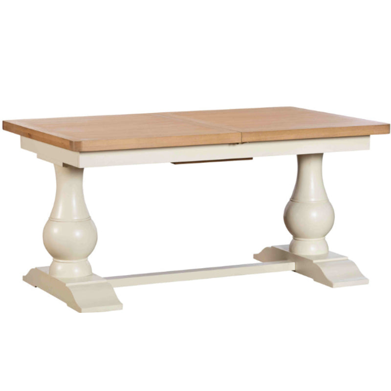 Dining table with wooden top and white base on a white background