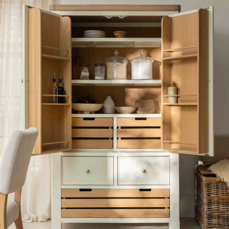 White wardrobe with wooden accents on a white background