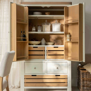 Wooden kitchen cabinet with open doors displaying various kitchen items.