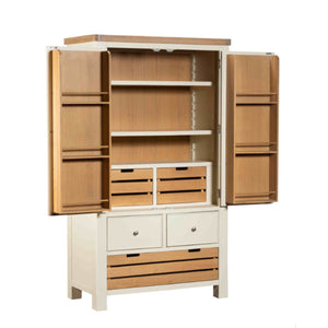 Wooden cabinet with open doors and drawers on a white background