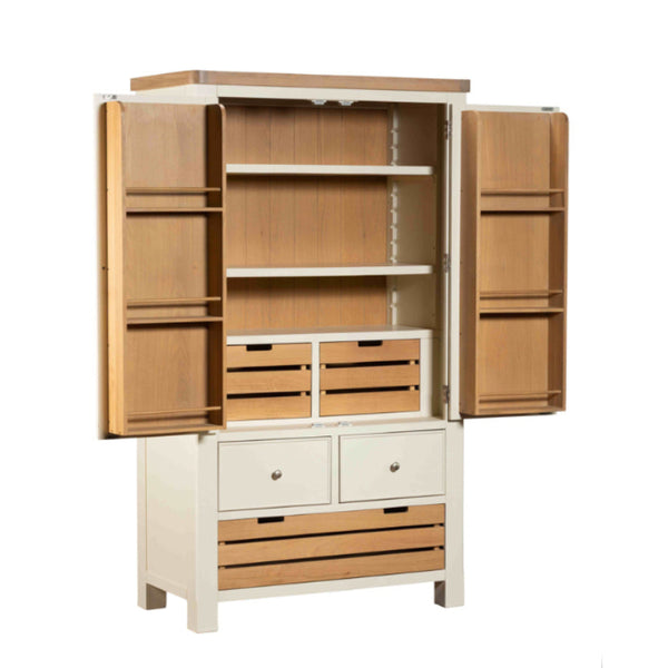 Wooden cabinet with open doors and drawers on a white background