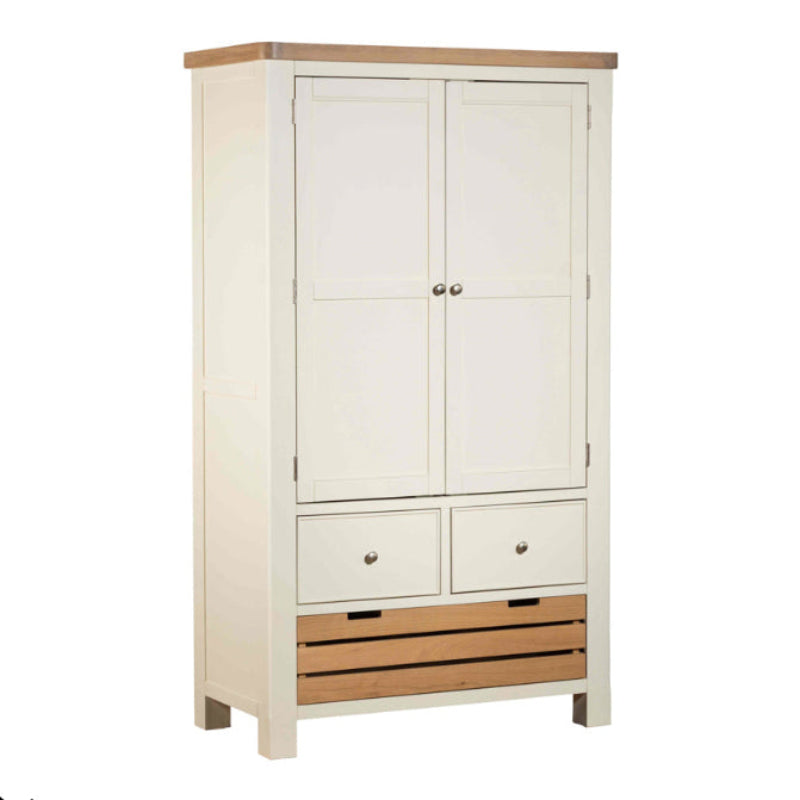 White wardrobe with wooden accents on a white background