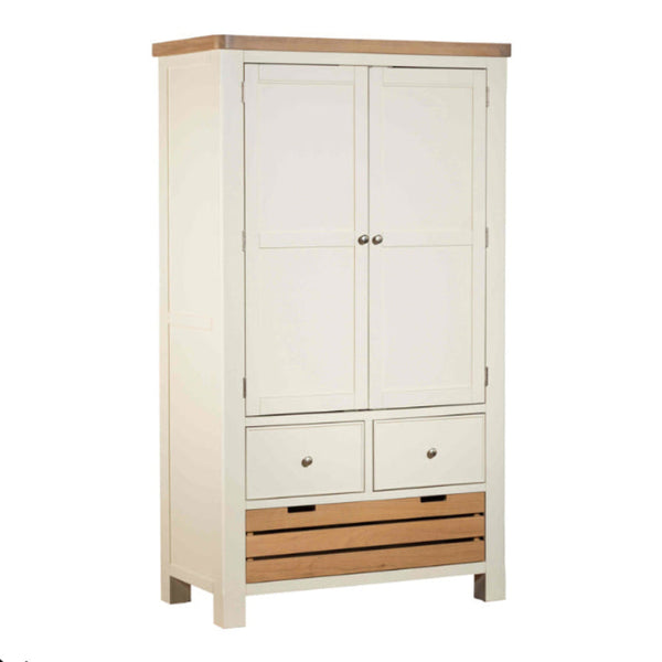 White wardrobe with wooden accents on a white background