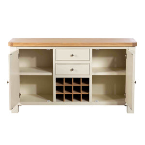Wooden sideboard with a white base and a wooden top on a white background