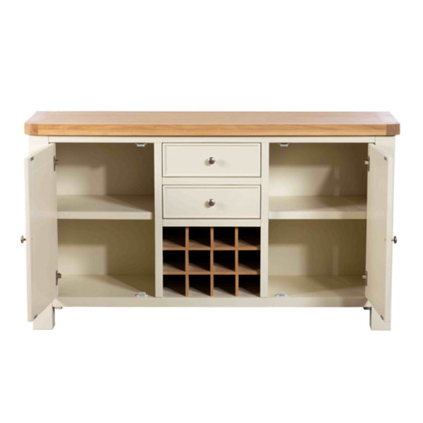 Wooden sideboard with a white base and a wooden top on a white background