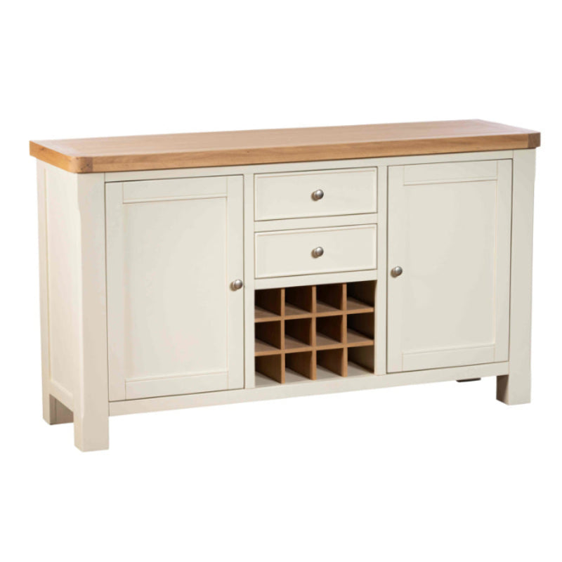 White sideboard with wooden top and wine rack on a white background