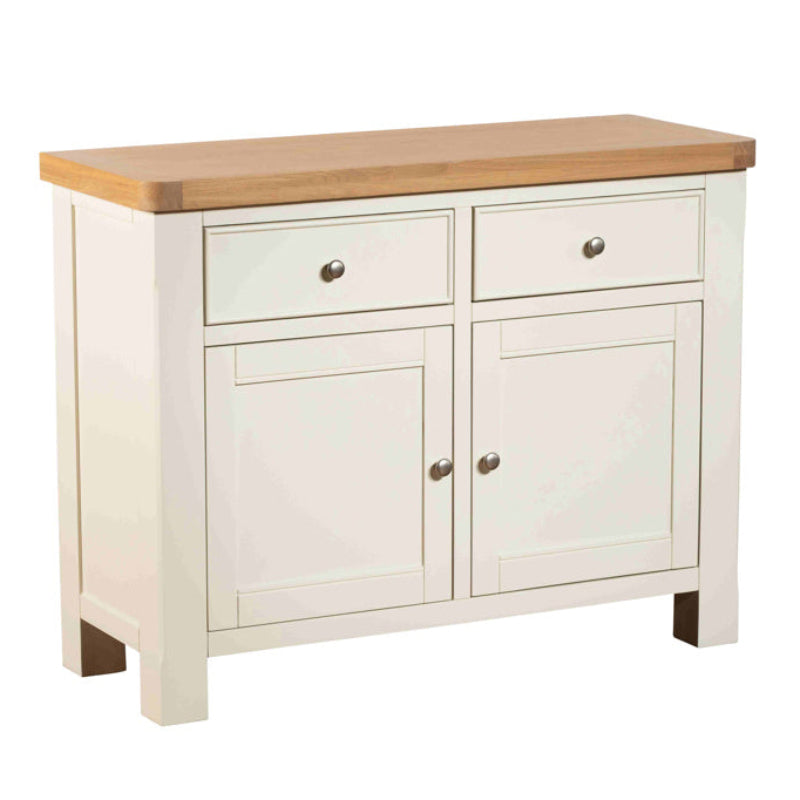White sideboard with wooden top on a white background