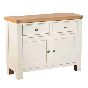 White sideboard with wooden top on a white background