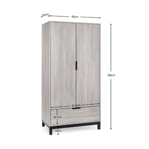 Wooden wardrobe with dimensions labeled on a white background