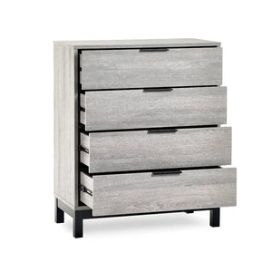Four-drawer dresser with gray wood finish and black metal handles on a white background