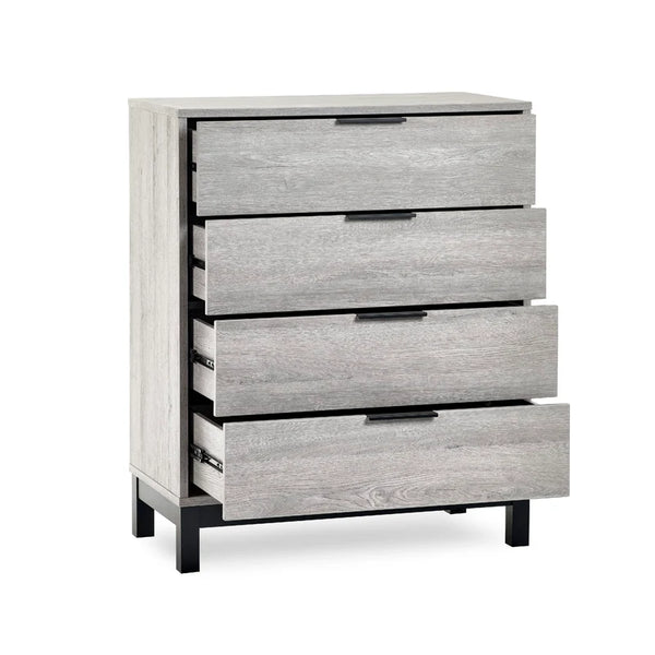 Four-drawer dresser with gray wood finish and black metal handles on a white background