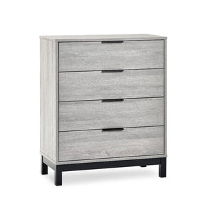 Gray dresser with three drawers on a white background