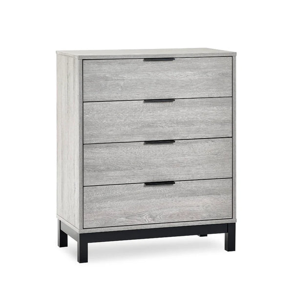 Gray dresser with three drawers on a white background