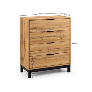 Wooden dresser with dimensions on a white background