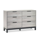 Gray dresser with six drawers on a white background