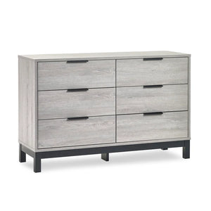 Gray dresser with six drawers on a white background