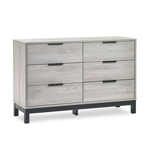 Gray dresser with six drawers on a white background