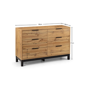Wooden dresser with dimensions labeled on a white background