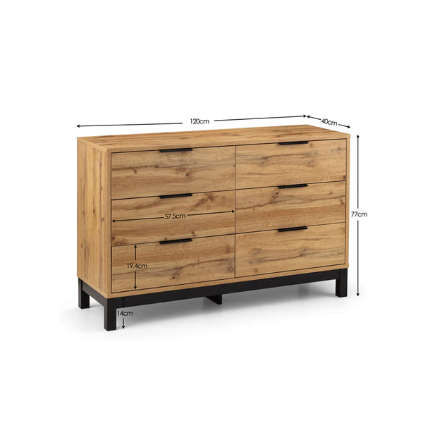 Wooden dresser with dimensions labeled on a white background
